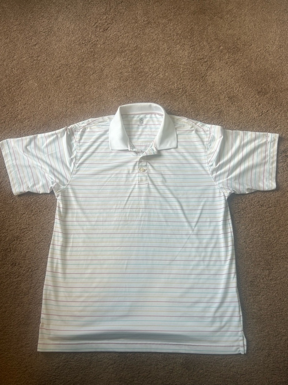 PGA Tour White Polo with Thin Multicolor Stripes